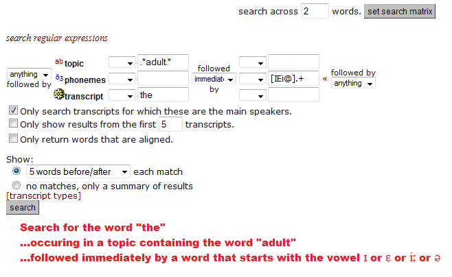 Search for 'the' in an 'adult' topic, followed by a word starting with I or E or i or @ on the phonemes layer